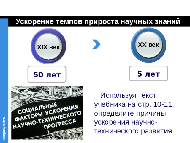 Ускорение темпов прироста научных знаний XX век XIX век 50 лет 5 лет  Используя текст учебника на стр. 10-11, определите причины ускорения научно-технического развития 