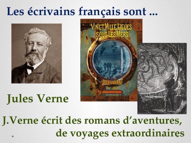 Les écrivains français sont ... Jules Verne J.Verne écrit des romans d’aventures, de voyages extraordinaires 