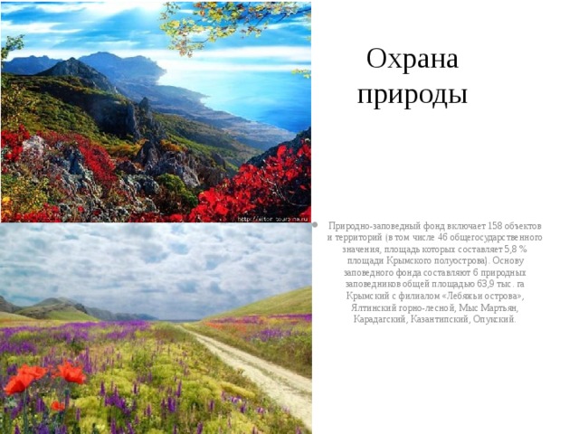 Охрана природы Природно-заповедный фонд включает 158 объектов и территорий (в том числе 46 общегосударственного значения, площадь которых составляет 5,8 % площади Крымского полуострова). Основу заповедного фонда составляют 6 природных заповедников общей площадью 63,9 тыс. га Крымский с филиалом «Лебяжьи острова», Ялтинский горно-лесной, Мыс Мартьян, Карадагский, Казантипский, Опукский. 