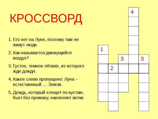 С П У Т Н И К 4 КРОССВОРД Его нет на Луне, поэтому там не живут люди. Как называется движущийся воздух? Густое, темное облако, из которого жди дождя. Какое слово пропущено: Луна – естественный … Земли. Дождь, который хлещет по кустам, бьет без промаху, наклоняет ветки. В О З Д У Х 1 Т У Ч А Л 3 5 И В Е Н Ь В 2 Е Т Е Р 