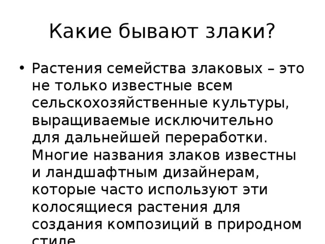 Какие бывают злаки? Растения семейства злаковых – это не только известные всем сельскохозяйственные культуры, выращиваемые исключительно для дальнейшей переработки. Многие названия злаков известны и ландшафтным дизайнерам, которые часто используют эти колосящиеся растения для создания композиций в природном стиле. 