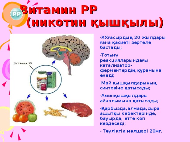Витамин РР (никотин қышқылы) ХХғасырдың 20 жылдары ғана қасиеті зертеле бастады; Тотығу реакцияларындағы катализатор-ферментердің құрамына енеді; Май қышқылдарының синтезіне қатысады; Аминқышқылдары айналымына қатысады; Қарбызда,алмада,сыра ащытқы кебектерінде, бауырда, етте көп кездеседі;  Тәуліктік мөлшері 20мг. 