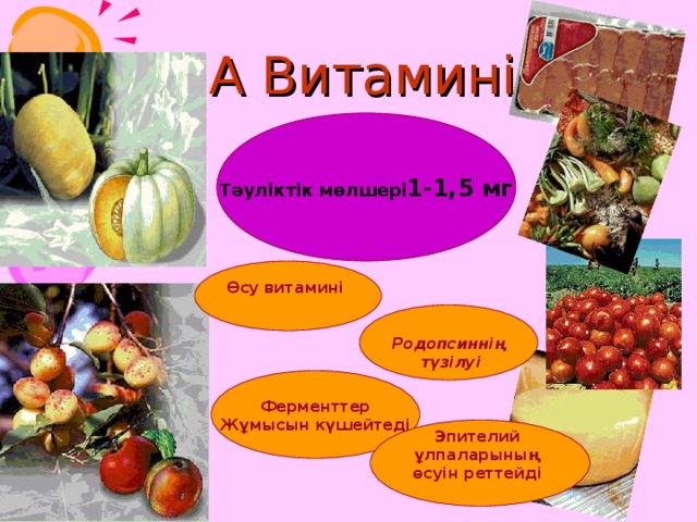 А Витамині Тәуліктік мөлшері 1-1,5 мг Өсу витамині Родопсиннің  түзілуі  Ферменттер Жұмысын күшейтеді Эпителий ұлпаларының өсуін реттейді 