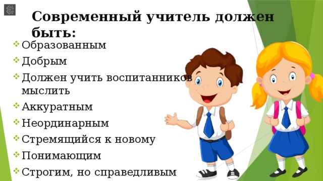 Современный учитель должен быть: Образованным Добрым Должен учить воспитанников мыслить Аккуратным Неординарным Стремящийся к новому Понимающим Строгим, но справедливым 