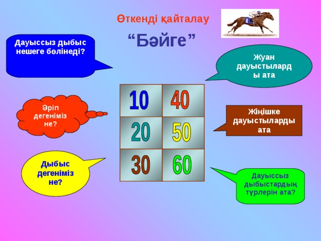 Өткенді қайталау “ Бәйге” Дауыссыз дыбыс нешеге бөлінеді? Жуан дауыстыларды ата Әріп дегеніміз не? Жіңішке дауыстыларды ата Дыбыс дегеніміз не? Дауыссыз дыбыстардың түрлерін ата? 