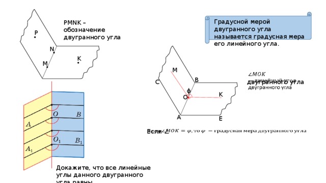 Градусной мерой двугранного угла называется градусная мера его линейного угла. PMNK – обозначение двугранного угла P N K M M   двугранного угла B С ϕ K O A E Если ∠   Докажите, что все линейные углы данного двугранного угла равны. 