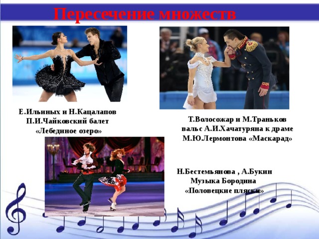 Пересечение множеств Е.Ильиных и Н.Кацалапов П.И.Чайковский балет  «Лебединое озеро» Т.Волосожар и М.Траньков вальс А.И.Хачатуряна к драме М.Ю.Лермонтова «Маскарад» Н.Бестемьянова , А.Букин Музыка Бородина «Половецкие пляски» 