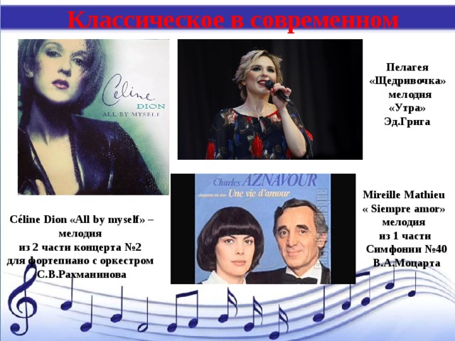 Классическое в современном Пелагея «Щедривочка»  мелодия «Утра» Эд.Грига Mireille Mathieu « Siempre amor» мелодия из 1 части  Симфонии №40  В.А.Моцарта Céline Dion «All by myself» – мелодия из 2 части концерта №2 для фортепиано с оркестром С.В.Рахманинова 