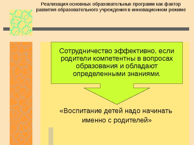 Реализация основных образовательных программ как фактор развития образовательного учреждения в инновационном режиме Сотрудничество эффективно, если родители компетентны в вопросах образования и обладают определенными знаниями. «Воспитание детей надо начинать именно с родителей» 