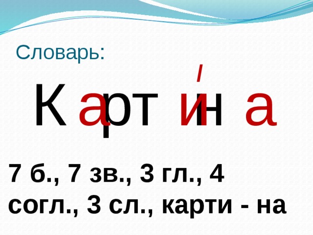 Словарь: / а и а К рт н 7 б., 7 зв., 3 гл., 4 согл., 3 сл., карти - на 