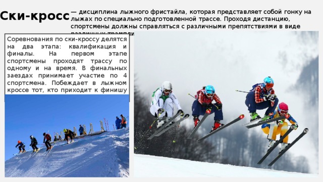 Ски-кросс — дисциплина лыжного фристайла, которая представляет собой гонку на лыжах по специально подготовленной трассе. Проходя дистанцию, спортсмены должны справляться с различными препятствиями в виде различных трамплинов и крутых виражей. Соревнования по ски-кроссу делятся на два этапа: квалификация и финалы. На первом этапе спортсмены проходят трассу по одному и на время. В финальных заездах принимает участие по 4 спортсмена. Побеждает в лыжном кроссе тот, кто приходит к финишу первым. 