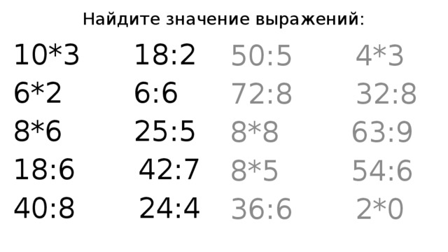 Найдите значение выражений: 10*3 18:2 50:5 4*3 6*2 6:6 72:8 32:8 8*6 25:5 8*8 63:9 18:6 42:7 8*5 54:6 40:8 24:4 36:6 2*0 