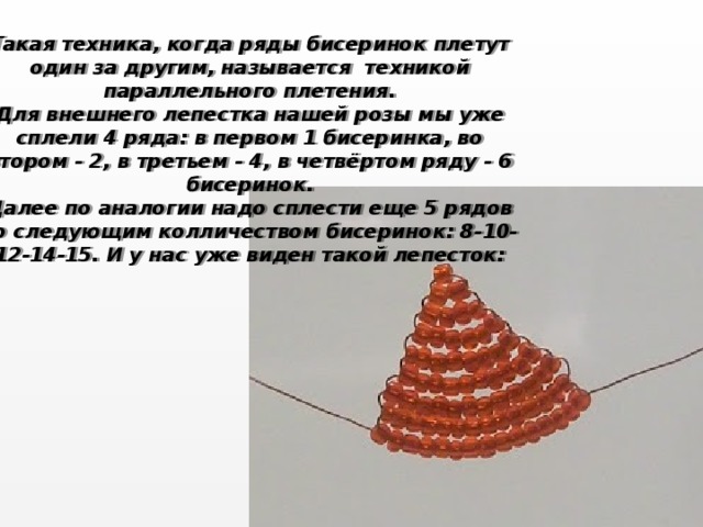 Такая техника, когда ряды бисеринок плетут один за другим, называется  техникой параллельного плетения. Для внешнего лепестка нашей розы мы уже сплели 4 ряда: в первом 1 бисеринка, во втором - 2, в третьем - 4, в четвёртом ряду - 6 бисеринок. Далее по аналогии надо сплести еще 5 рядов со следующим колличеством бисеринок: 8-10-12-14-15. И у нас уже виден такой лепесток: 