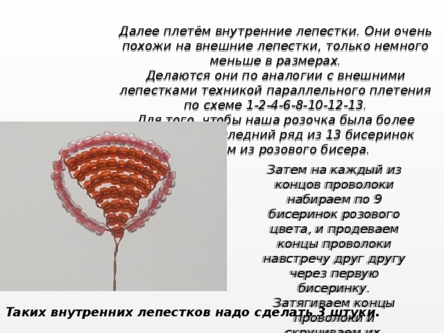 Далее плетём внутренние лепестки. Они очень похожи на внешние лепестки, только немного меньше в размерах. Делаются они по аналогии с внешними лепестками техникой параллельного плетения по схеме 1-2-4-6-8-10-12-13. Для того, чтобы наша розочка была более красивой, последний ряд из 13 бисеринок сделаем из розового бисера. Затем на каждый из концов проволоки набираем по 9 бисеринок розового цвета, и продеваем концы проволоки навстречу друг другу через первую бисеринку. Затягиваем концы проволоки и скручиваем их. Таких внутренних лепестков надо сделать 3 штуки. 