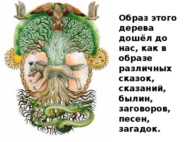 Образ этого дерева дошёл до нас, как в образе различных сказок, сказаний, былин, заговоров, песен, загадок. 