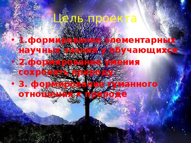 Цель проекта 1.формирование элементарных научных знаний у обучающихся 2.формирование умения сохронять природу. 3. формирование гуманного отношения к природе 