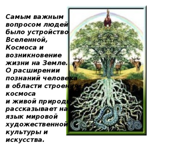 Самым важным вопросом людей было устройство Вселенной, Космоса и возникновение жизни на Земле. О расширении познаний человека в области строения космоса и живой природы рассказывает нам язык мировой художественной культуры и искусства. 