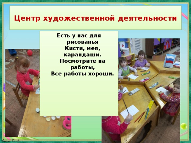 Центр художественной деятельности Есть у нас для рисованья  Кисти, мел, карандаши.  Посмотрите на работы,  Все работы хороши. 