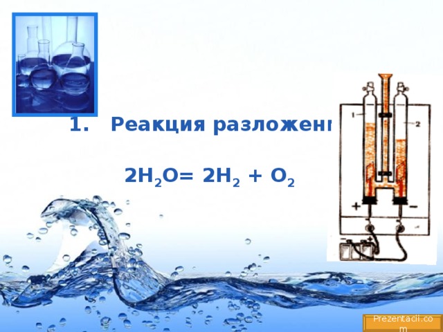    1. Реакция разложения:  2Н 2 О= 2Н 2 + О 2  Prezentacii.com 