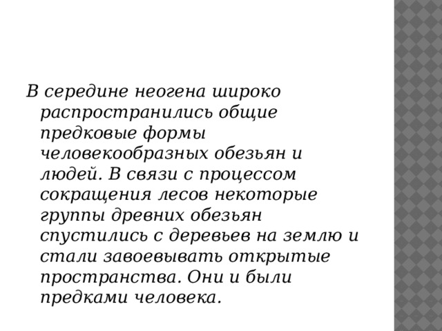 В середине неогена широко распространились общие предковые формы человекообразных обезьян и людей. В связи с процессом сокращения лесов некоторые группы древних обезьян спустились с деревьев на землю и стали завоевывать открытые пространства. Они и были предками человека. 