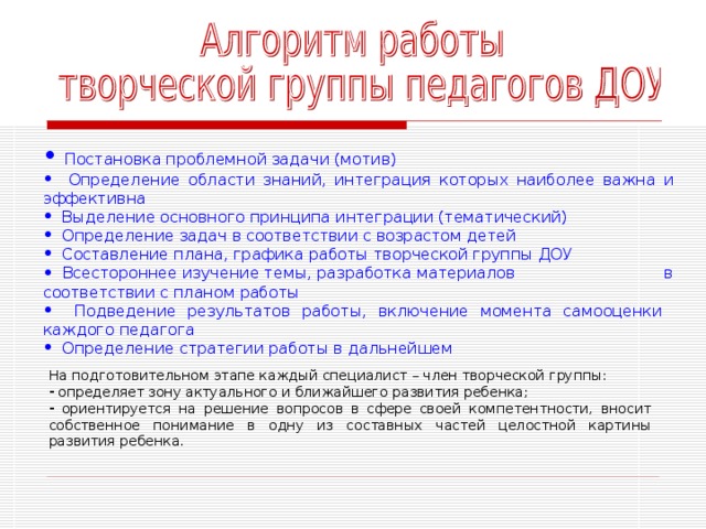  Постановка проблемной задачи (мотив)  Определение области знаний, интеграция которых наиболее важна и эффективна  Выделение основного принципа интеграции (тематический)  Определение задач в соответствии с возрастом детей  Составление плана, графика работы творческой группы ДОУ  Всестороннее изучение темы, разработка материалов в соответствии с планом работы  Подведение результатов работы, включение момента самооценки каждого педагога  Определение стратегии работы в дальнейшем На подготовительном этапе каждый специалист – член творческой группы:  определяет зону актуального и ближайшего развития ребенка;  ориентируется на решение вопросов в сфере своей компетентности, вносит собственное понимание в одну из составных частей целостной картины развития ребенка. 