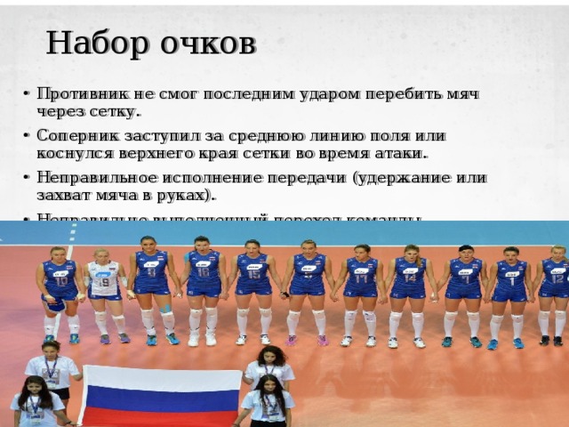 Набор очков Противник не смог последним ударом перебить мяч через сетку. Соперник заступил за среднюю линию поля или коснулся верхнего края сетки во время атаки. Неправильное исполнение передачи (удержание или захват мяча в руках). Неправильно выполненный переход команды. 