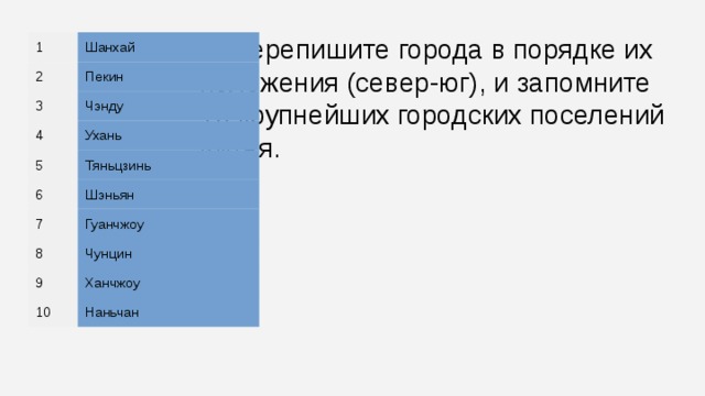 3. Перепишите города в порядке их положения (север-юг), и запомните 10 крупнейших городских поселений Китая. 1 Шанхай 2 Пекин 3 Чэнду 4 Ухань 5 Тяньцзинь 6 Шэньян 7 Гуанчжоу 8 Чунцин 9 Ханчжоу 10 Наньчан 