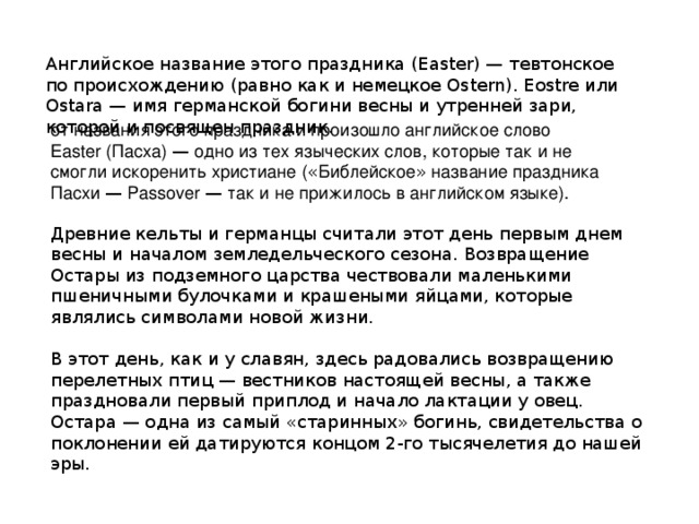 Английское название этого праздника (Easter) — тевтонское по происхождению (равно как и немецкое Ostern). Eostre или Ostara — имя германской богини весны и утренней зари, которой и посвящен праздник.  от названия этого праздника и произошло английское слово Easter (Пасха) — одно из тех языческих слов, которые так и не смогли искоренить хpистиане ( « Библейское » название пpаздника Пасхи — Passover — так и не прижилось в английском языке). Древние кельты и германцы считали этот день первым днем весны и началом земледельческого сезона. Возвращение Остары из подземного царства чествовали маленькими пшеничными булочками и крашеными яйцами, которые являлись символами новой жизни.   В этот день, как и у славян, здесь радовались возвращению перелетных птиц — вестников настоящей весны, а также праздновали первый приплод и начало лактации у овец. Остара — одна из самый «старинных» богинь, свидетельства о поклонении ей датируются концом 2-го тысячелетия до нашей эры.    