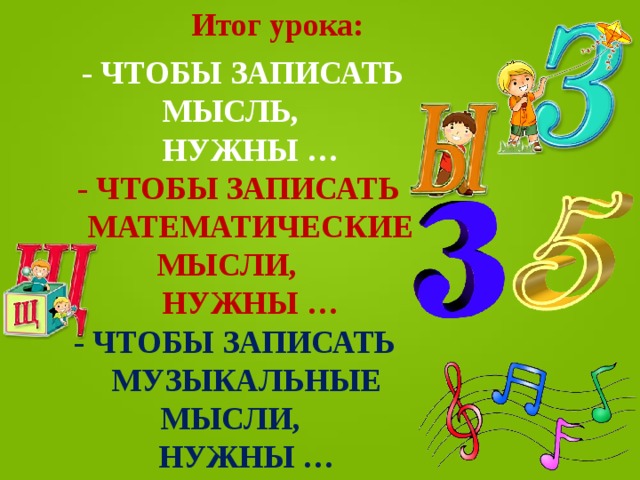Итог урока:  - ЧТОБЫ ЗАПИСАТЬ МЫСЛЬ,  НУЖНЫ …  - ЧТОБЫ ЗАПИСАТЬ  МАТЕМАТИЧЕСКИЕ МЫСЛИ,  НУЖНЫ …  - ЧТОБЫ ЗАПИСАТЬ  МУЗЫКАЛЬНЫЕ МЫСЛИ,  НУЖНЫ … 