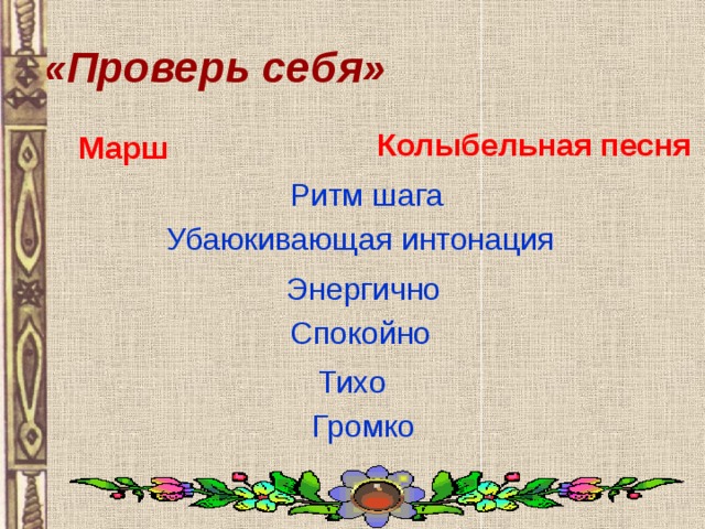 «Проверь себя» Колыбельная песня  Марш Ритм шага Убаюкивающая интонация Энергично Спокойно Тихо Громко 