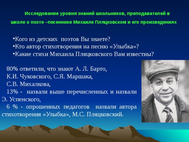  Исследование уровня знаний школьников, преподавателей в школе о поэте –песеннике Михаиле Пляцковском и его произведениях  Кого из детских поэтов Вы знаете? Кто автор стихотворения на песню «Улыбка»? Какие стихи Михаила Пляцковского Вам известны? 80% ответили, что знают А. Л. Барто, К.И. Чуковского, С.Я. Маршака, С.В. Михалкова, 13% - назвали выше перечисленных и назвали Э. Успенского, 6 % - опрошенных педагогов назвали автора стихотворения «Улыбка», М.С. Пляцковский. 