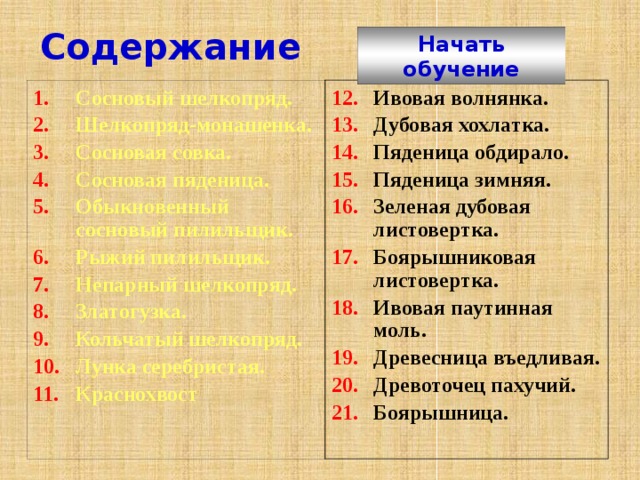 Содержание Начать обучение Ивовая волнянка. Дубовая хохлатка. Пяденица обдирало. Пяденица зимняя. Зеленая дубовая листовертка. Боярышниковая листовертка. Ивовая паутинная моль. Древесница въедливая. Древоточец пахучий. Боярышница. Сосновый шелкопряд. Шелкопряд-монашенка. Сосновая совка. Сосновая пяденица. Обыкновенный сосновый пилильщик. Рыжий пилильщик. Непарный шелкопряд. Златогузка. Кольчатый шелкопряд. Лунка серебристая. Краснохвост    