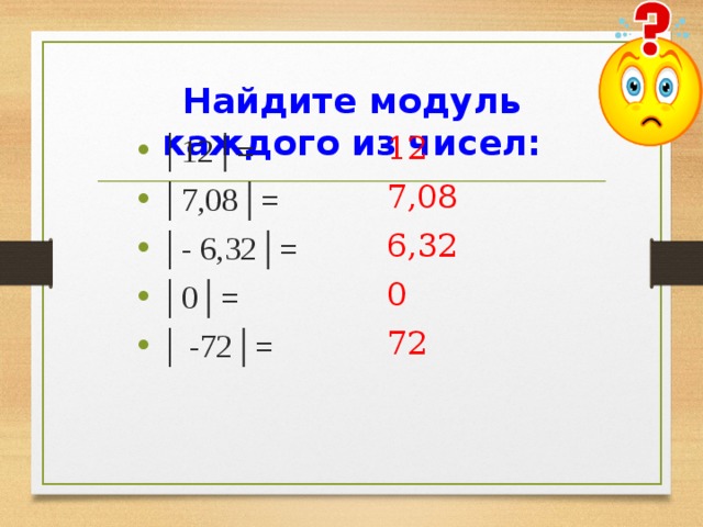 Найдите модуль каждого из чисел: 12 7,08 6,32 0 72 │ 12 │= │ 7,08 │= │ - 6,32 │= │ 0 │= │ -72 │= 
