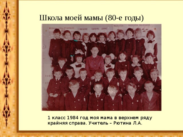 Школа моей мамы (80-е годы) 1 класс 1984 год моя мама в верхнем ряду крайняя справа. Учитель – Рютина Л.А. 
