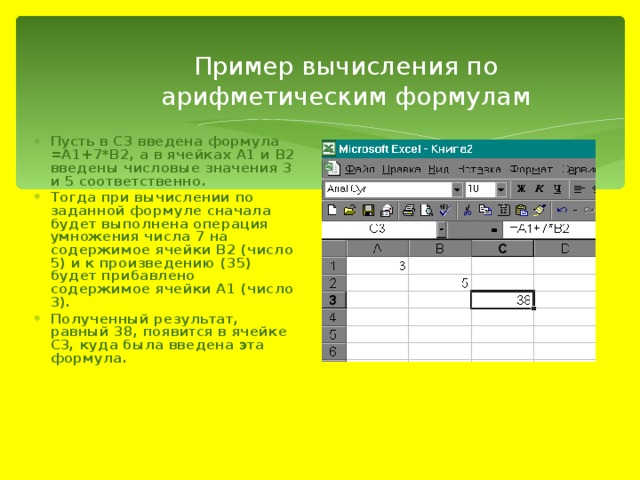 Пример вычисления по арифметическим формулам Пусть в С3 введена формула =А1+7*В2, а в ячейках А1 и В2 введены числовые значения 3 и 5 соответственно. Тогда при вычислении по заданной формуле сначала будет выполнена операция умножения числа 7 на содержимое ячейки В2 (число 5) и к произведению (35) будет прибавлено содержимое ячейки А1 (число 3). Полученный результат, равный 38, появится в ячейке С3, куда была введена эта формула. 