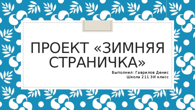ПРОЕКТ «ЗИМНЯЯ СТРАНИЧКА» Выполнил: Гаврилов Денис Школа 211 3И класс 