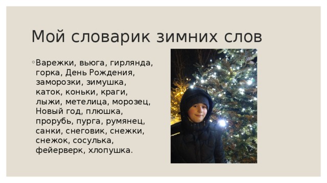 Мой словарик зимних слов Варежки, вьюга, гирлянда, горка, День Рождения, заморозки, зимушка, каток, коньки, краги, лыжи, метелица, морозец, Новый год, плюшка, прорубь, пурга, румянец, санки, снеговик, снежки, снежок, сосулька, фейерверк, хлопушка. 
