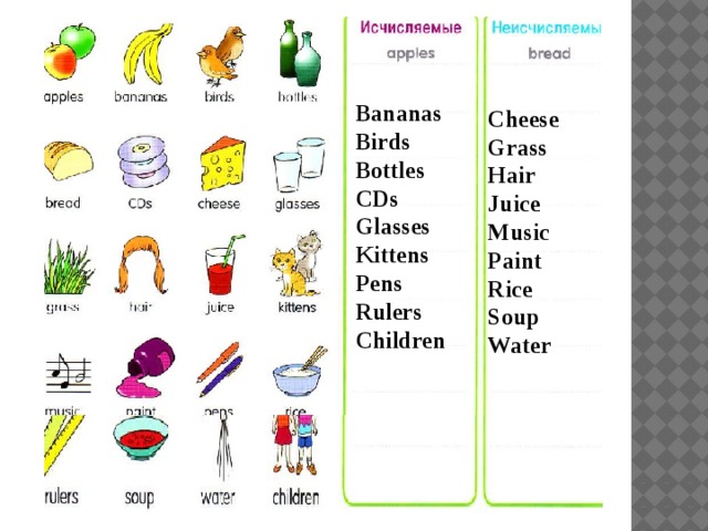 Bananas Birds Bottles CDs Glasses Kittens Pens Rulers Children Cheese Grass Hair Juice Music Paint Rice Soup Water 