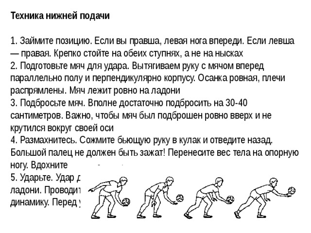 Техника нижней подачи 1. Займите позицию. Если вы правша, левая нога впереди. Если левша — правая. Крепко стойте на обеих ступнях, а не на нысках 2. Подготовьте мяч для удара. Вытягиваем руку с мячом вперед параллельно полу и перпендикулярно корпусу. Осанка ровная, плечи распрямлены. Мяч лежит ровно на ладони 3. Подбросьте мяч. Вполне достаточно подбросить на 30-40 сантиметров. Важно, чтобы мяч был подброшен ровно вверх и не крутился вокруг своей оси  4. Размахнитесь. Сожмите бьющую руку в кулак и отведите назад. Большой палец не должен быть зажат! Перенесите вес тела на опорную ногу. Вдохните 5. Ударьте. Удар должен прийтись прямо в центр мяча основанием ладони. Проводите мяч бьющей рукой вверх, придавая дополнительную динамику. Перед ударом уберите руку, фиксирующую мяч. Выдохните  