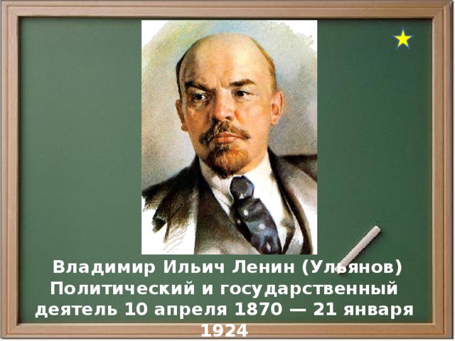  Владимир Ильич Ленин (Ульянов) Политический и государственный деятель 10 апреля 1870 — 21 января 1924 
