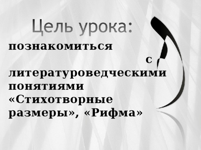 познакомиться с литературоведческими понятиями «Стихотворные размеры», «Рифма»  