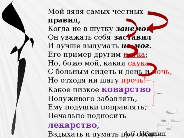 Мой дядя самых честных правил,  Когда не в шутку занемог ,  Он уважать себя заставил  И лучше выдумать не мог .  Его пример другим наука ;  Но, боже мой, какая  скука   С больным сидеть и день и ночь,  Не отходя ни шагу прочь!  Какое низкое коварство  Полуживого забавлять,  Ему подушки поправлять,  Печально подносить лекарство ,  Вздыхать и думать про себя:  Когда же черт возьмет тебя!