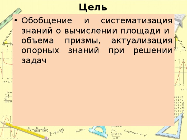 Цель Обобщение и систематизация знаний о вычислении площади и объема призмы, актуализация опорных знаний при решении задач 