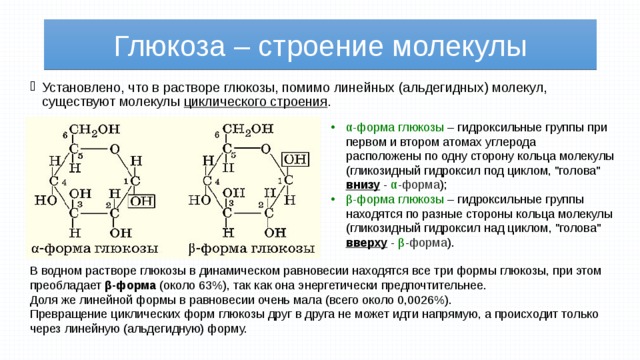 Глюкоза – строение молекулы Установлено, что в растворе глюкозы, помимо линейных (альдегидных) молекул, существуют молекулы циклического строения . α-форма глюкозы  – гидроксильные группы при первом и втором атомах углерода расположены по одну сторону кольца молекулы (гликозидный гидроксил под циклом, 