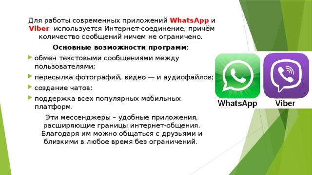 Для работы современных приложений WhatsApp и Viber используется Интернет-соединение, причём количество сообщений ничем не ограничено. Основные возможности программ : обмен текстовыми сообщениями между пользователями; пересылка фотографий, видео — и аудиофайлов; создание чатов; поддержка всех популярных мобильных платформ. Эти мессенджеры – удобные приложения, расширяющие границы интернет-общения. Благодаря им можно общаться с друзьями и близкими в любое время без ограничений.   