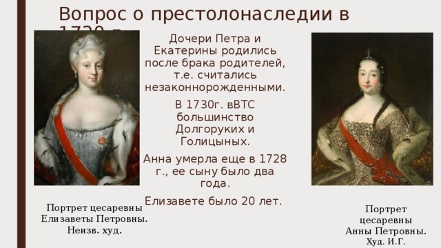 Вопрос о престолонаследии в 1730 г. Дочери Петра и Екатерины родились после брака родителей, т.е. считались незаконнорожденными. В 1730г. вВТС большинство Долгоруких и Голицыных. Анна умерла еще в 1728 г., ее сыну было два года. Елизавете было 20 лет. Портрет цесаревны  Елизаветы Петровны. Неизв. худ. Портрет цесаревны  Анны Петровны. Худ. И.Г. Адольский. 