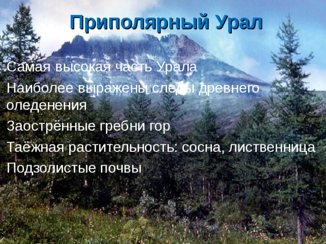 Приполярный  Урал Самая высокая часть Урала Наиболее выражены следы древнего оледенения Заострённые гребни гор Таёжная растительность: сосна, лиственница Подзолистые почвы  