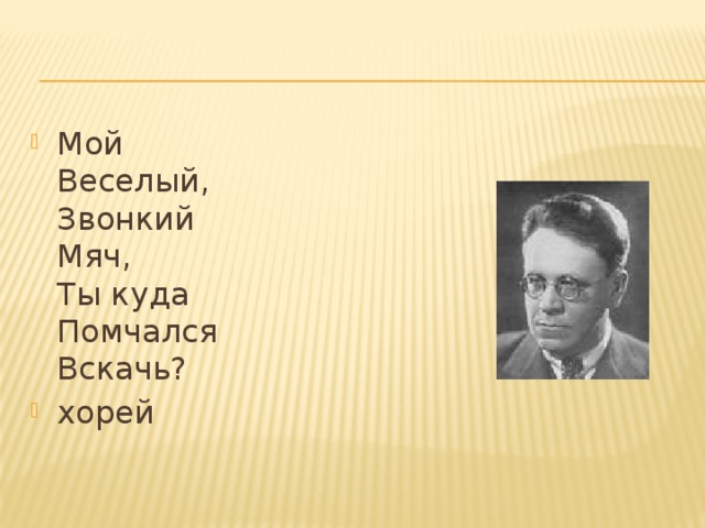 Мой  Веселый,  Звонкий  Мяч,  Ты куда  Помчался  Вскачь? хорей 