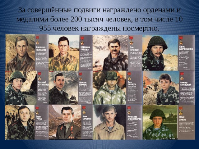 За совершённые подвиги награждено орденами и медалями более 200 тысяч человек, в том числе 10 955 человек награждены посмертно. 