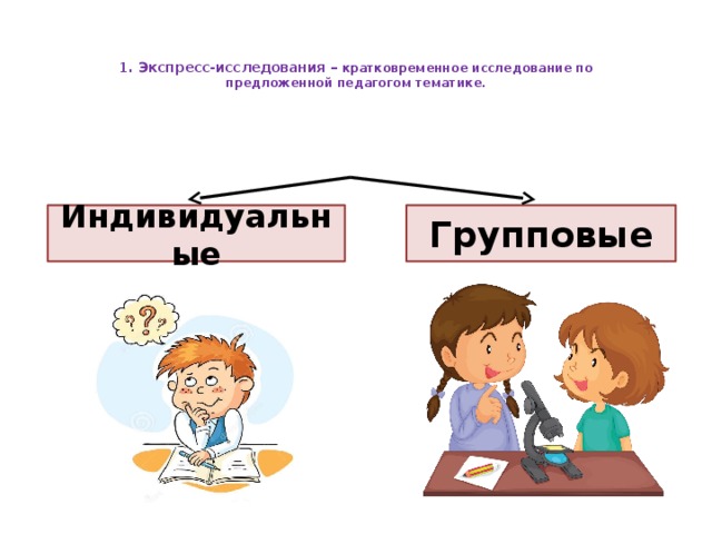   1. Экспресс-исследования – кратковременное исследование по  предложенной педагогом тематике .   Индивидуальные Групповые 